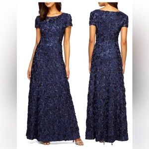 Alex Evenings Navy Blue Floral Lace Sequin A-line  Gown Dress NWT size 6 Formal